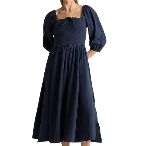 Quince 100% Organic Cotton Gauze Smocked Square Neck Midi Dress navy