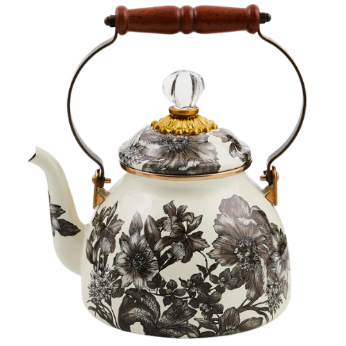Mackenzie Childs Floral Black and White Teapot Wood Gold Kettle Tea