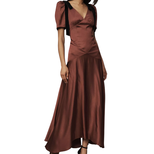 Mare Mare Bree Puff-Sleeve V-Neck Satin Slip Midi Dress Anthropologie