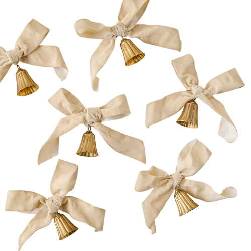 Magnolia Velvet Bow with Bell Ornament, Set of 6