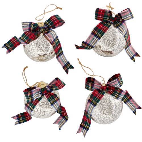 Mercury Glass Ball Ornaments with Plaid Bows – Set of 4