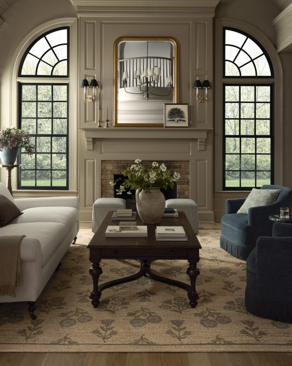 The Rue rug featuring an English cottage design in a moody, modern living room.