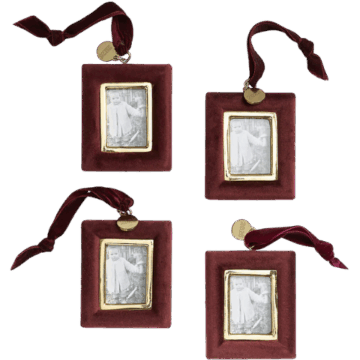 Crate & Barrel Burgundy Velvet Photo Frame Christmas Tree Ornament, Set of 4