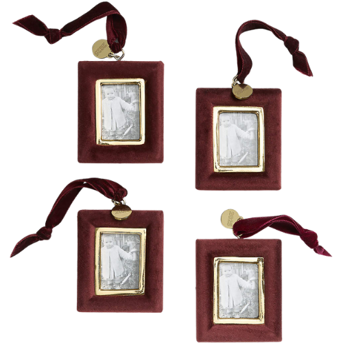 Crate & Barrel Burgundy Velvet Photo Frame Christmas Tree Ornament, Set of 4