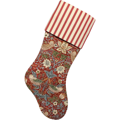 Etsy Red Strawberry Thief Christmas Stocking with Ticking Cuff