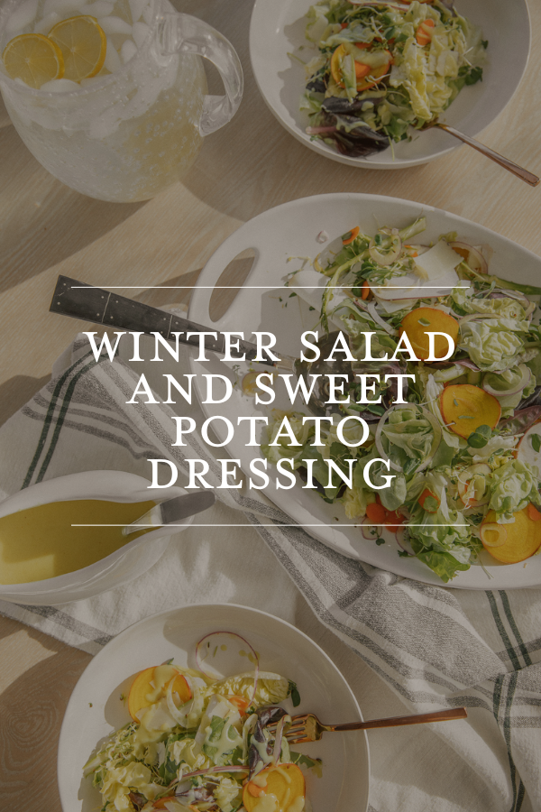 Winter salad and sweet potato dressing recipe, healthy meal ideas, fresh salad ingredients, seasonal winter salads, easy salad dressing recipes.