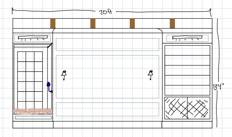 Sketch of living room built-ins and couch nook