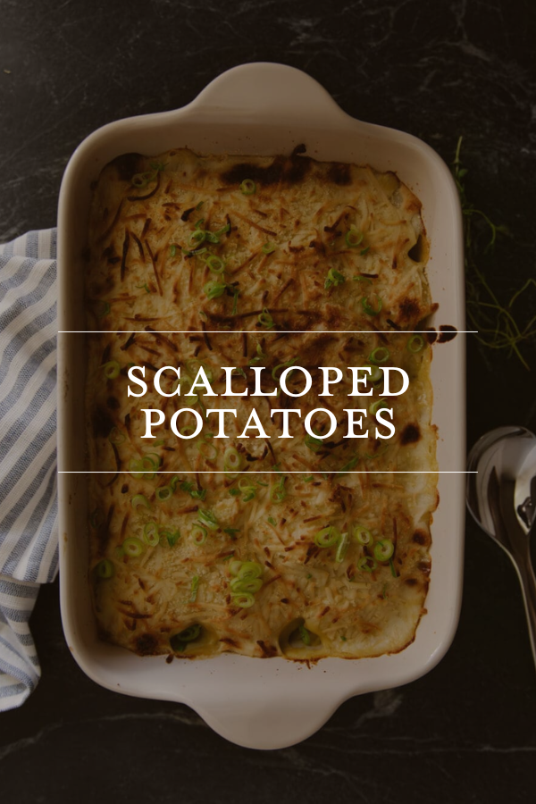 Creamy scalloped potatoes with melted cheese and green onions in a white casserole dish, perfect for a cozy dinner or holiday side dish.
