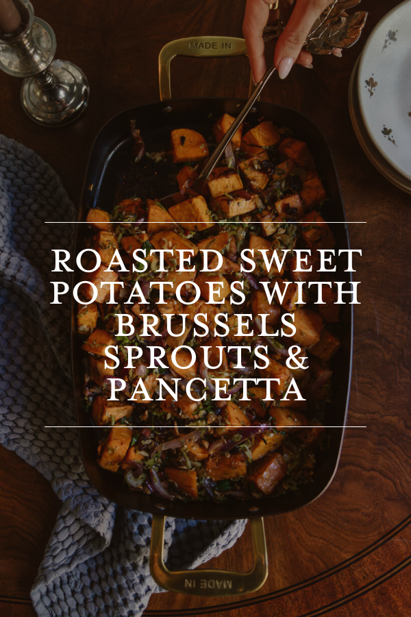 Roasted sweet potatoes with brussels sprouts and pancetta in a skillet, ready to serve for a cozy fall meal. Ideal for healthy, hearty roasted vegetable recipes and holiday side dishes.