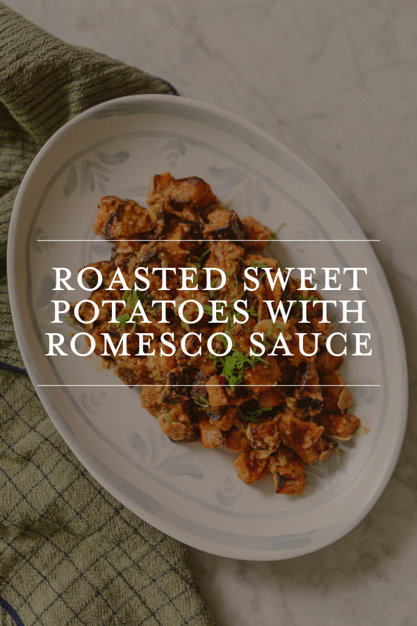 Roasted sweet potatoes with romesco sauce, healthy vegetable dish, cozy home-cooked meal, seasonal recipe, Chris Loves Julia kitchen photography.
