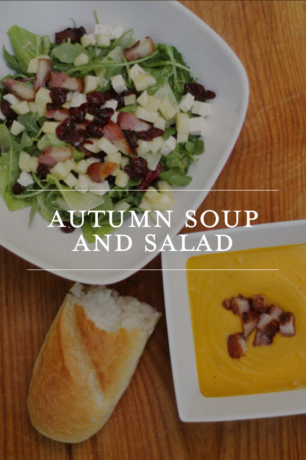 Crispy bacon wedge salad with autumn soup and fresh bread, cozy fall meal, fall-inspired recipe, autumn soup and salad, seasonal comfort food, gourmet salad with bacon and cheese, hearty fall lunch, autumn dinner ideas, seasonal salad and soup pairing, delicious fall recipes, vegetable and bacon salad, pumpkin or squash soup, healthy autumn meal, rustic bread with soup.