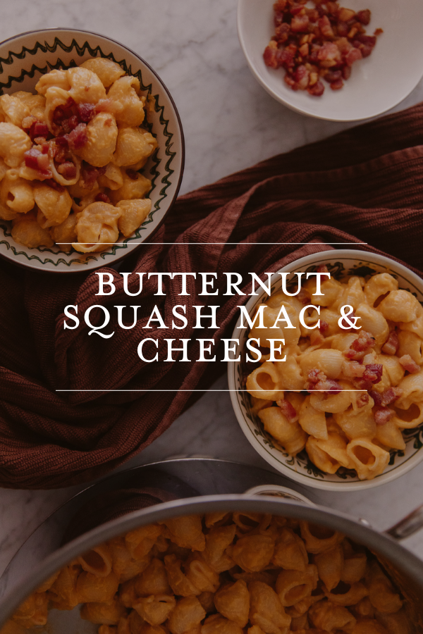Creamy butternut squash mac and cheese recipe, comforting fall dinner idea, flavorful pasta dish with roasted squash and cheese, perfect for family meals.
