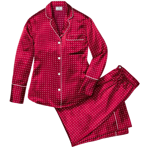 Petite Plume Women's Silk Pajama Set in Bordeaux Polka Dot