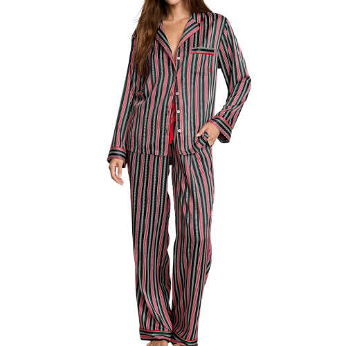 Glazed Satin Long Pajama Set Victoria's Secret red green stripe