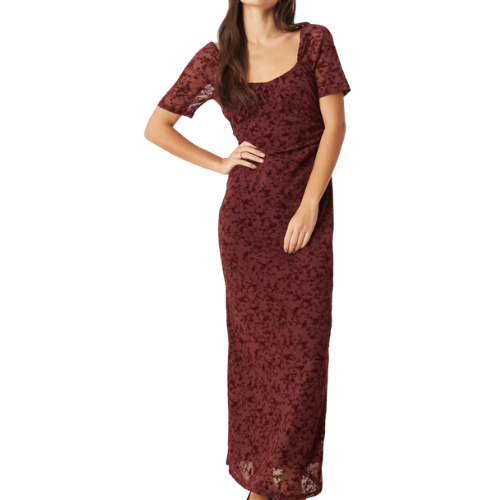 Lace Devore Puff Sleeve Midi Tea Dress in Burgundy