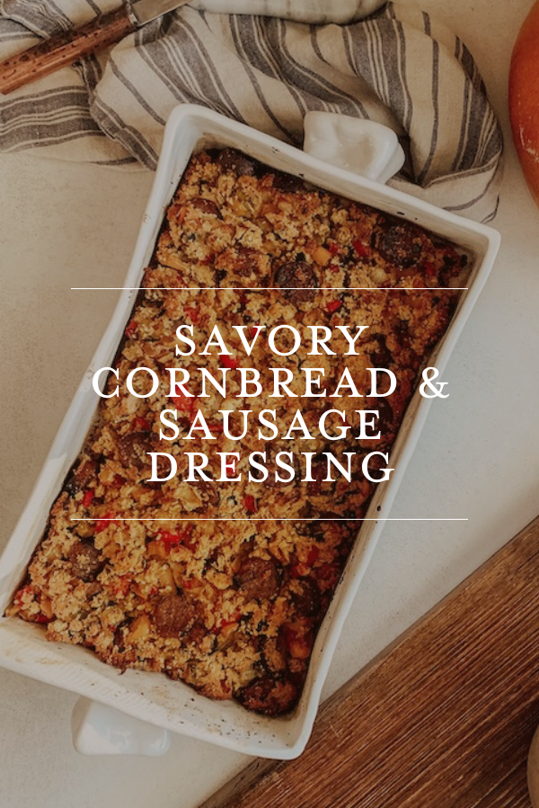Savory cornbread and sausage dressing baked in a white casserole dish, homemade holiday casserole, rustic comfort food, Chris Loves Julia recipe, holiday side dish.