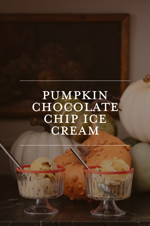 Pumpkin chocolate chip ice cream with pumpkins in the background, showcasing a fall-inspired dessert perfect for cozy gatherings and seasonal celebrations.
