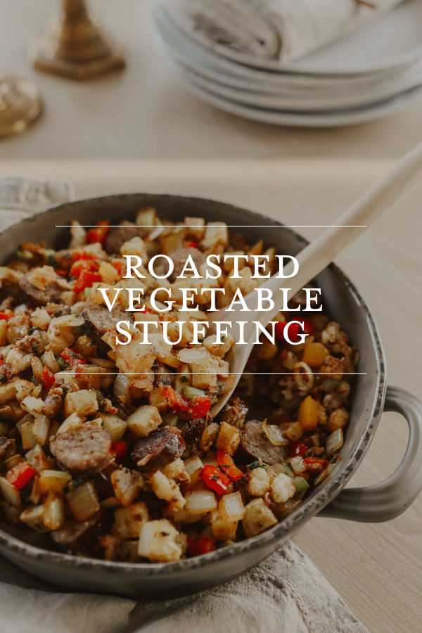 Roasted vegetable stuffing in serving dish, easy homemade vegan holiday dish, seasonal dinner side, gluten-free Thanksgiving recipe.