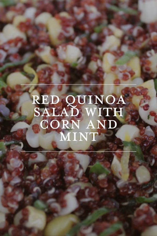 Colorful red quinoa salad packed with corn, mint, and greens, perfect for healthy eating and quick, delicious side dishes, suitable for meal prepping and family dinners.