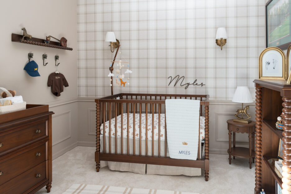 Bright, inviting baby's room featuring classic wood furniture, personalized decor, and thoughtful accessories perfect for newborns and toddlers.
