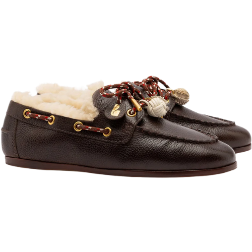 Cyprus Boat Shoe In Brown Leather And Ivory Shearling Larroude