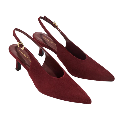 Pointed Toe Kitten Heel Slingback in Burgundy Suede Margaux