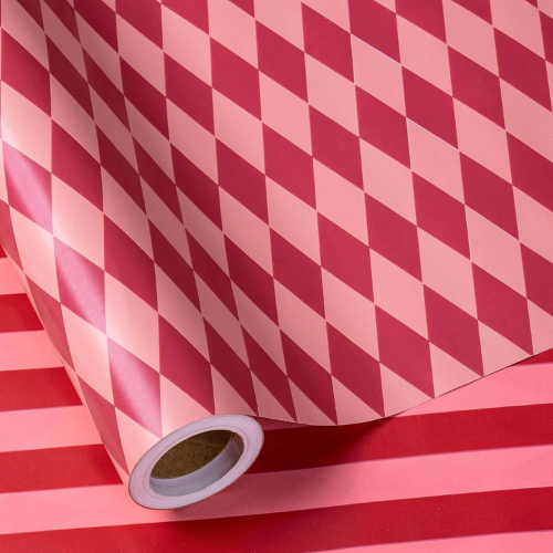 Amazon Reversible Wrapping Paper Roll for Girls, Mini Roll, Red and Pink Stripes and Diamond Pattern