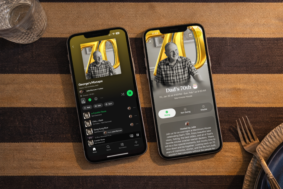 Spotify playlist screen showing "George's Mixtape" with song list and playback controls.