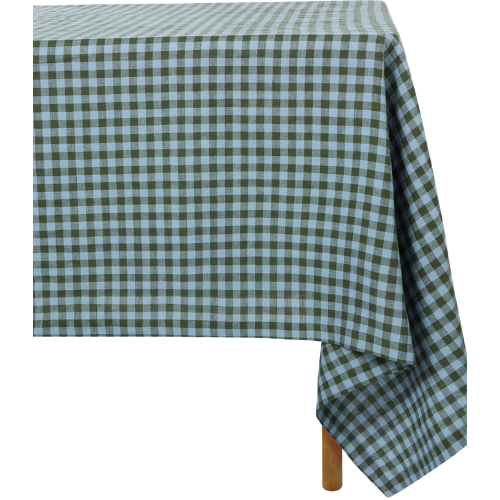 Fern Green & Dusk Blue Color Drenched Gingham Linen Blend Tablecloth Piglet in Bed