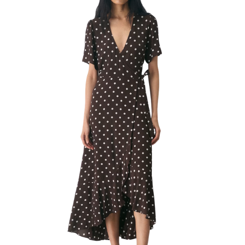 Crepe midi wrap dress with polka-dot pattern