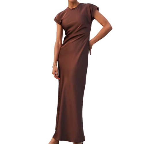 Hannah Satin Maxi Dress in Brown