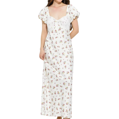 Women’s Puff Short Sleeve Lace Panel Maxi Sundress