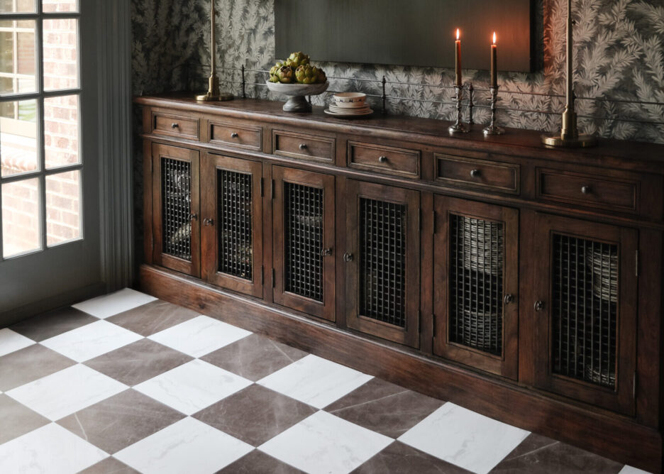 Bronze & white marble effect peel-and-stick floor tiles in a moody dining room