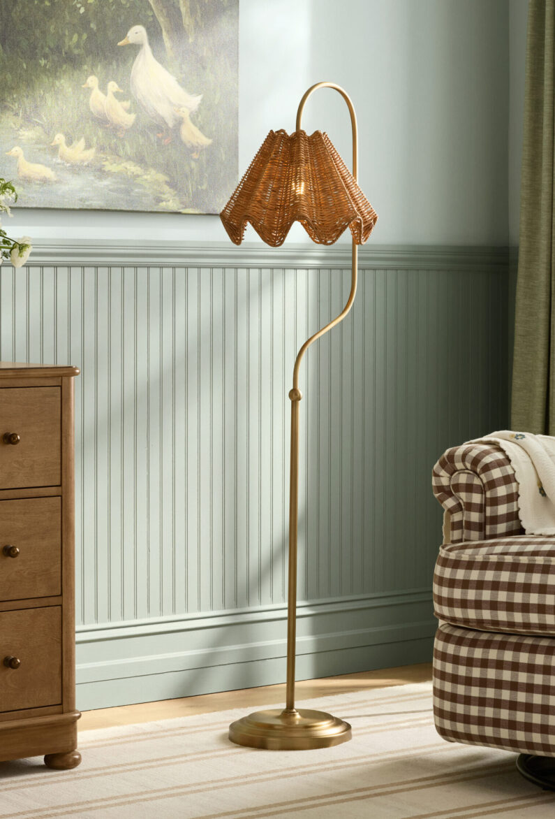 Beautiful curved arm ruffled rattan floor lamp for a kids bedroom