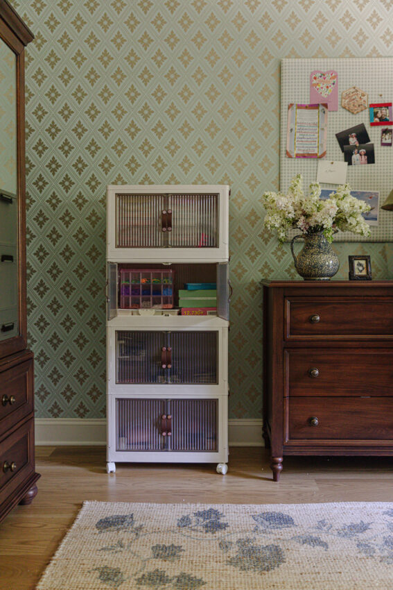 A beautiful, reeded organizer from Wayfair that turns Faye’s hobby supplies into a versatile design feature.