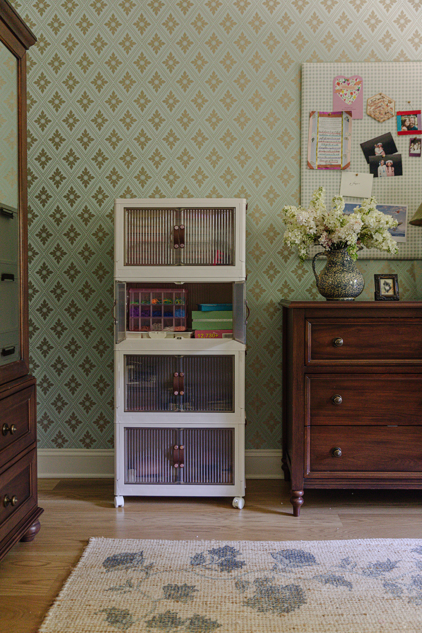 A beautiful, reeded organizer from Wayfair that turns Faye’s hobby supplies into a versatile design feature.