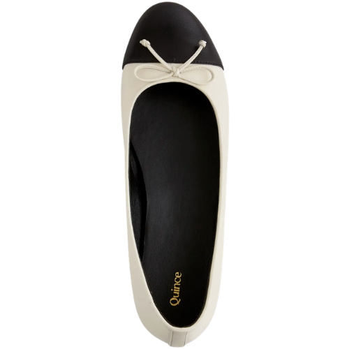 Quince Italian Leather Cap-Toe Ballet Flat in Bone/Black