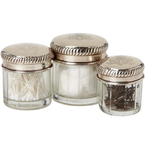 McGee & Co. (US) Antique Silver Plated Brass Lidded Glass Jars (Set of 3)