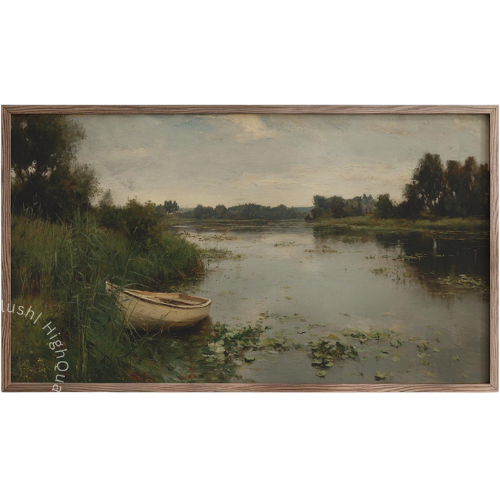 Summer Lake Frame TV Art, Vintage Boat etsy