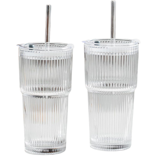 20 oz Ribbed Glass Tumblers with Lids and Glass Straws Amazon